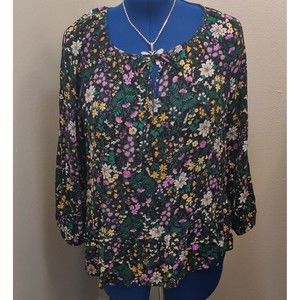 Old Navy Large long sleeve shirt colorful flowers black background pull over